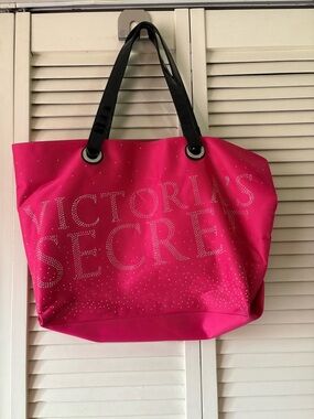 Victoria's Secret Bright Pink Tote with Black Handles and Studded Logo